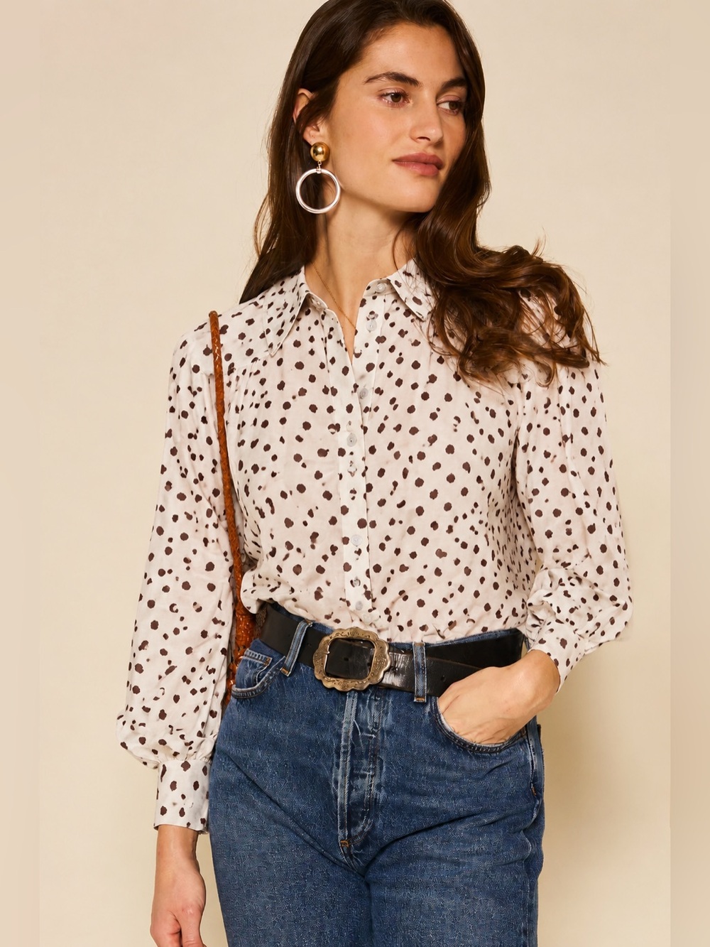Nordstrom Lands End White Brown Polka Dot Longsleeve Poplin Button Down Shirt XL